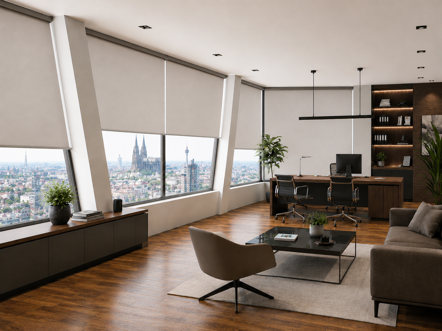 Trapezoidal window with roller blind